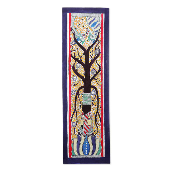 Acrylic & Ink Madhubani Art of Man Woman and Tree of Life, 'Man, Woman and Tree of Life'