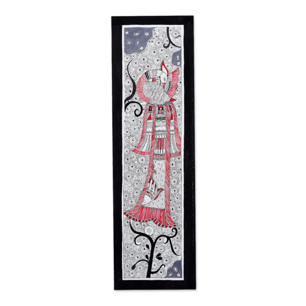 Acrylic & Ink on Cotton Paper Peacock Madhubani Art, 'Majestic Peacock'