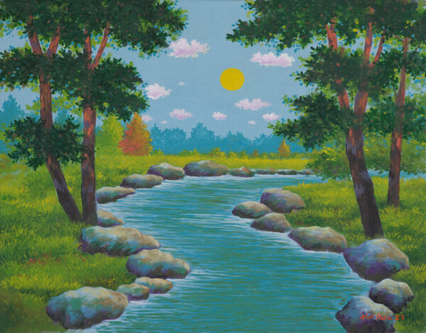 Acrylic on Canvas Landscape Painting of River from Java, 'The Flowing Road'