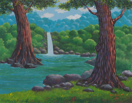 Acrylic on Canvas Landscape Painting of Waterfall from Java, 'The Beauty of the River' Acrylic on Canvas Landscape Painting of Waterfall from Java, 'The Beauty of the River'