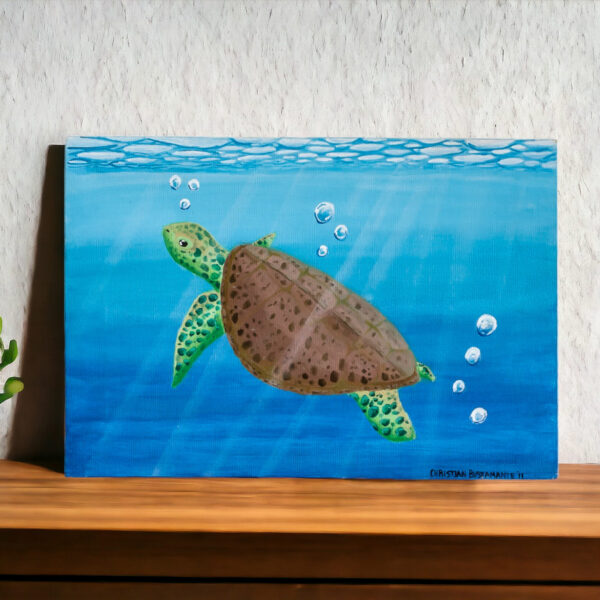 Acrylic on Canvas Painting of a Sea Turtle from El Salvador, 'Let's Save Them'