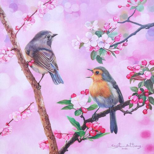 Acrylic on Canvas Realist Bird and Flower Painting, 'Sweet Bird' Acrylic on Canvas Realist Bird and Flower Painting, 'Sweet Bird'