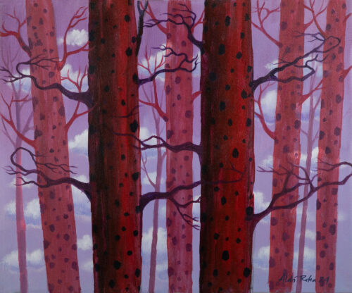 Acrylic Painting of Autumn Trees in Purple Pink and Black, 'Forest of Life'