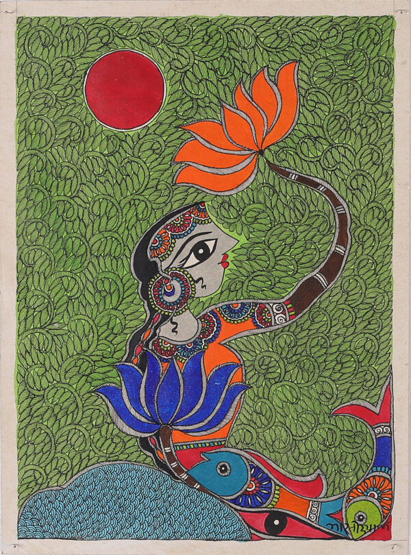 Acrylic Vegetable Dyes on Paper Mermaid Madhubani Painting, 'Dancing Mermaid II'