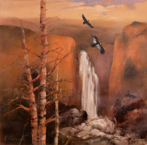 Andean Landscape Oil Painting of Condor Waterfall and Nature, 'Valley of the Condor II'