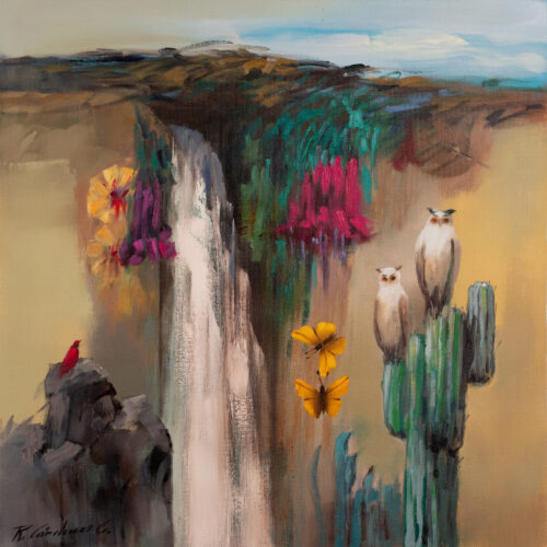 Andean Landscape Painting of Waterfall Birds and Butterflies, 'Guardians of the Stream'