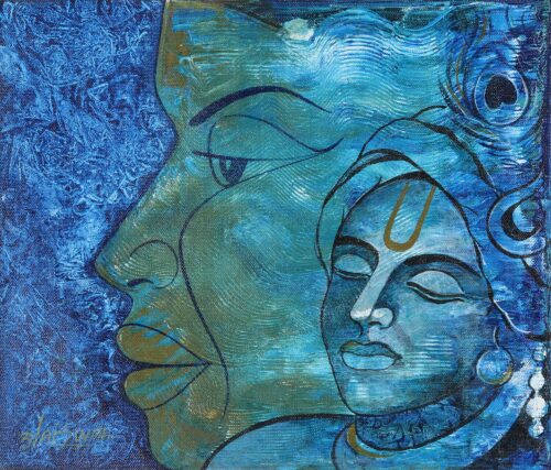 Blue Acrylic Portrait Painting from India, 'Dhyan'
