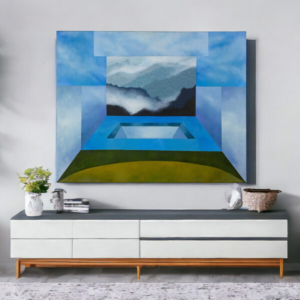 Costa Rican Geometric Themed Mountain Landscape Painting, 'Cold, Cold'