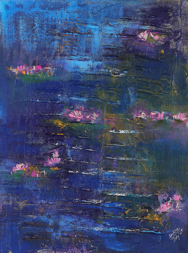 Expressionist Acrylic on Canvas Floral Pond Painting, 'Lily Pond III'