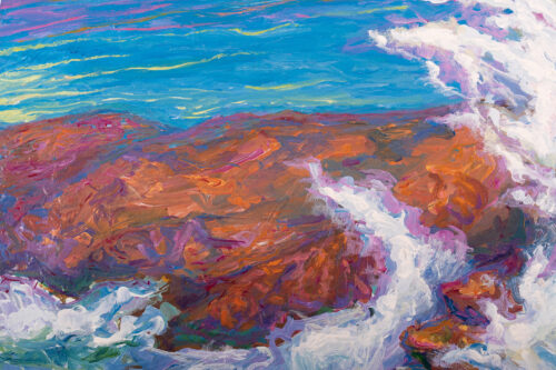 Expressionist Acrylic on Canvas of Wave Breaking on Rocks, 'Wild Sea' Expressionist Acrylic on Canvas of Wave Breaking on Rocks, 'Wild Sea'