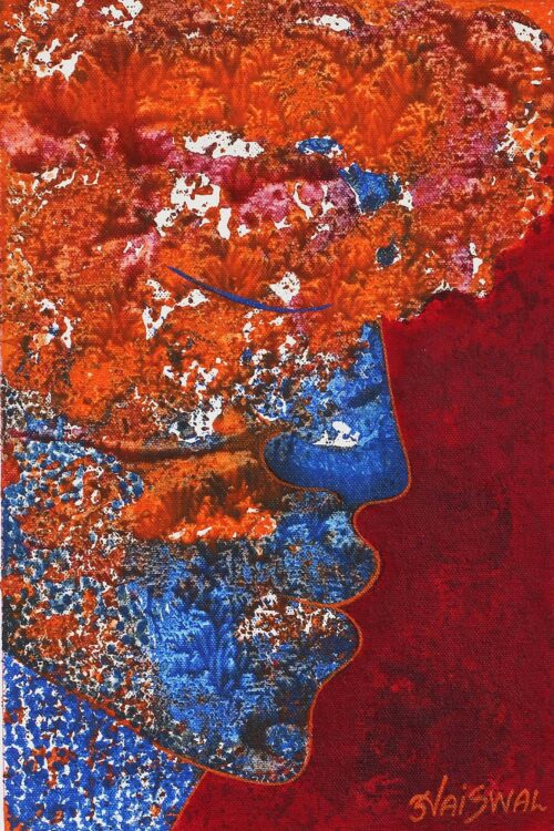 Expressionist Painting of a Face in Orange from India, 'Fragrance'
