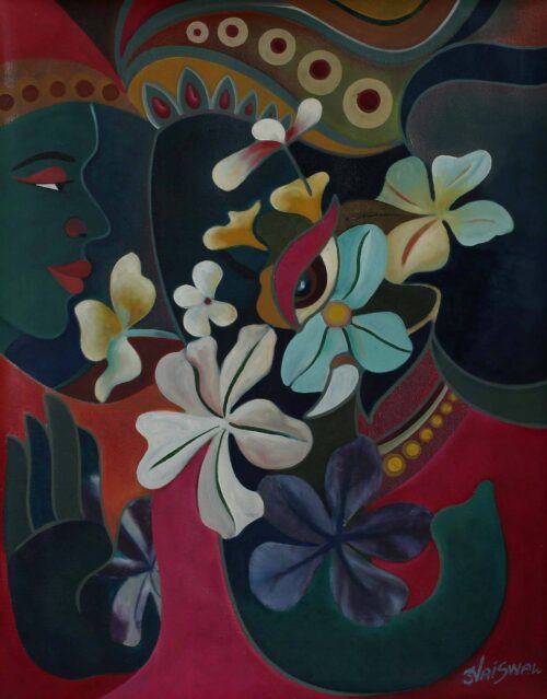 Floral Expressionist Painting of Faces from India, 'Siddi Vinayak' Floral Expressionist Painting of Faces from India, 'Siddi Vinayak'