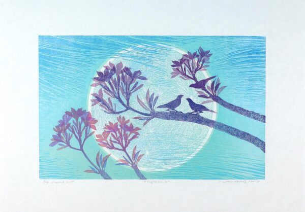 Floral Landscape Woodcut Print in Blue and Violet, 'Nighttime II'