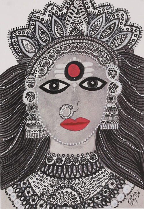 Folk Art Hindu Goddess Parvati Watercolor Acrylic Portrait, 'Parvati in Kali Maa Form'