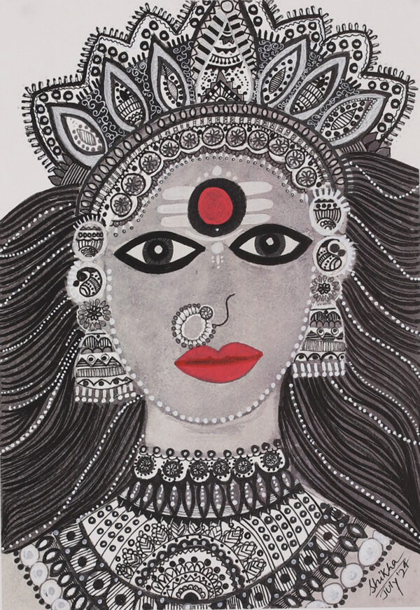 Folk Art Hindu Goddess Parvati Watercolor Acrylic Portrait, 'Parvati in Kali Maa Form'