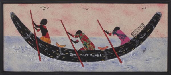 Framed Oil Painting on Cotton and Batik Cloth from Ghana, 'The Lost Fishermen'
