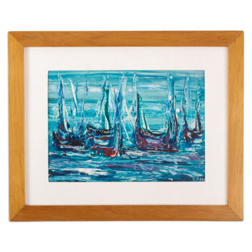 Framed Signed Expressionist Blue Oil Painting of Sailboats, 'Sailboats in Blue' Framed Signed Expressionist Blue Oil Painting of Sailboats, 'Sailboats in Blue'