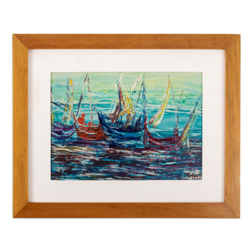 Framed Signed Expressionist Blue Oil Seascape Painting, 'Sailboats at High Seas' Framed Signed Expressionist Blue Oil Seascape Painting, 'Sailboats at High Seas'