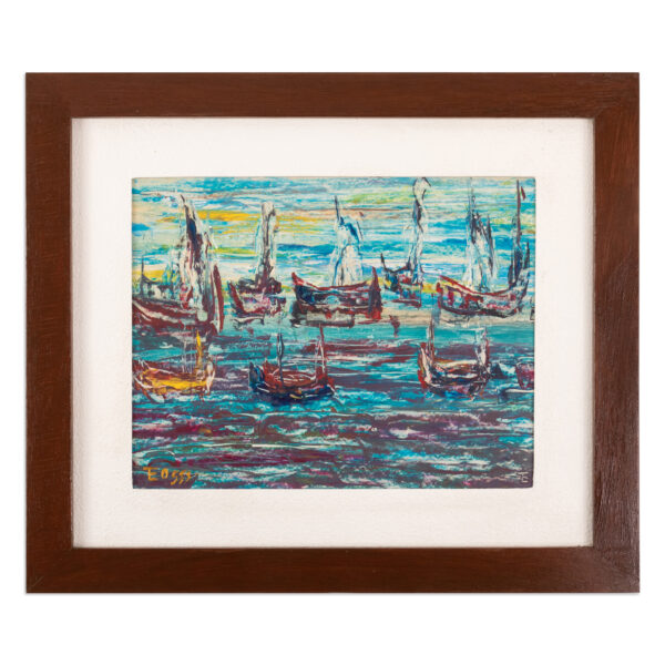 Framed Signed Expressionist Oil Fishing Port Painting, 'Fishing Port' Framed Signed Expressionist Oil Fishing Port Painting, 'Fishing Port'