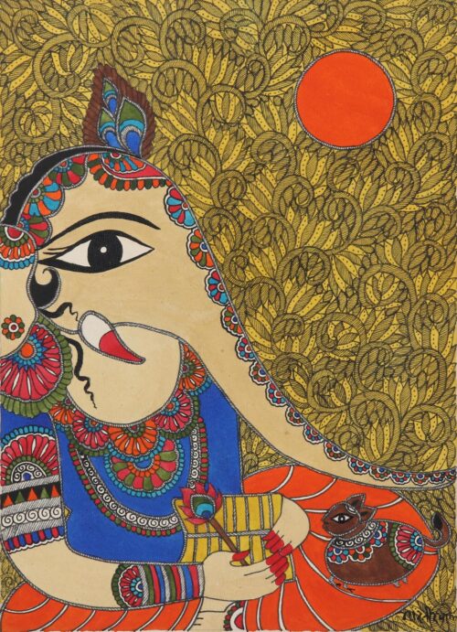 Ganesha Madhubani Painting on Handmade Paper from India, 'God of Wisdom and Good Fortune' Ganesha Madhubani Painting on Handmade Paper from India, 'God of Wisdom and Good Fortune'