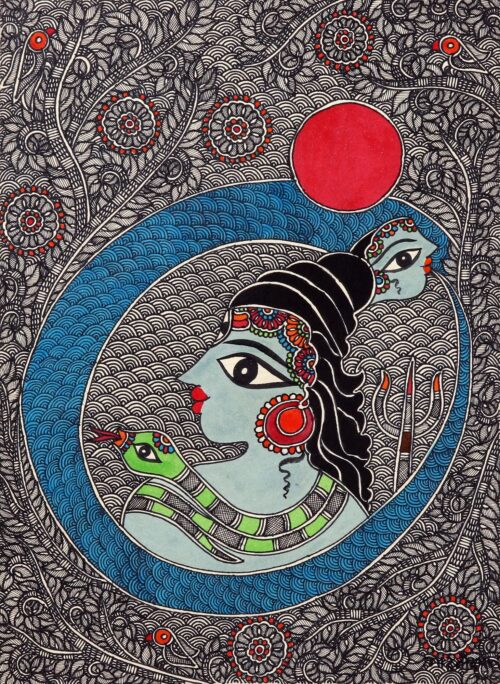 Gangadhar Shiva Acrylic and Dyes on Paper Madhubani Painting, 'Gangadhar Shiva' Gangadhar Shiva Acrylic and Dyes on Paper Madhubani Painting, 'Gangadhar Shiva'