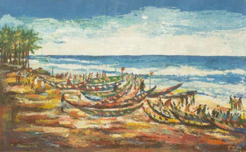 Ghanaian Seascape Painting Signed Fine Arts, 'Prampram Beach' Ghanaian Seascape Painting Signed Fine Arts, 'Prampram Beach'