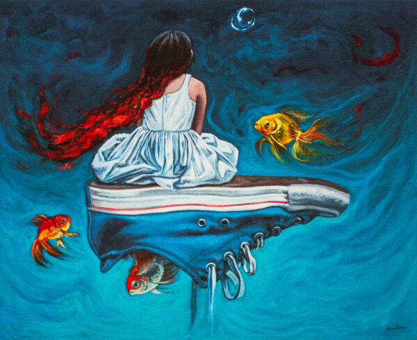 Girl Sitting on a Tennis Shoe with Goldfish Surrealist Print, 'Water Ride'