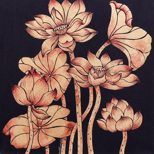 Golden Nature Study Painting of Thai Lotus Blossoms, 'Peaceful Lotus I'