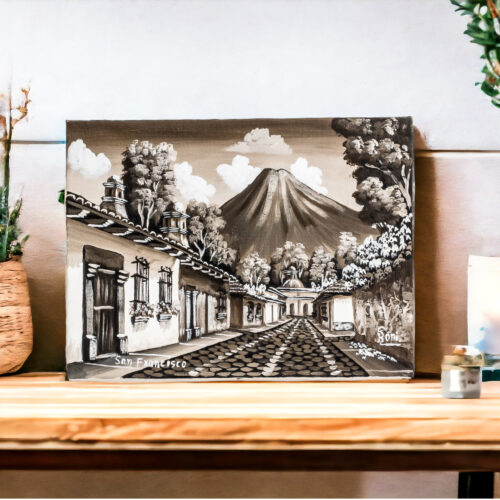 Grey White Black Oil Painting of Street in Antigua Guatemala, 'San Francisco Street IV'