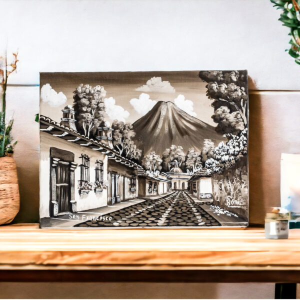 Grey White Black Oil Painting of Street in Antigua Guatemala, 'San Francisco Street IV'