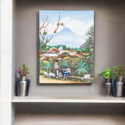Guatemalan Couple with Sheep Near Lake Atitlan Oil Painting, 'Lake Atitlan from San Jorge'