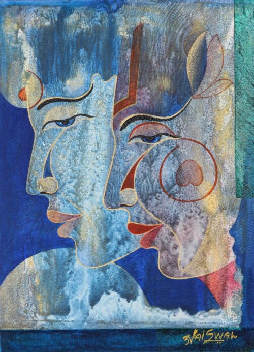 Hindu-Themed Acrylic Painting, 'Radha & Rukhmani'