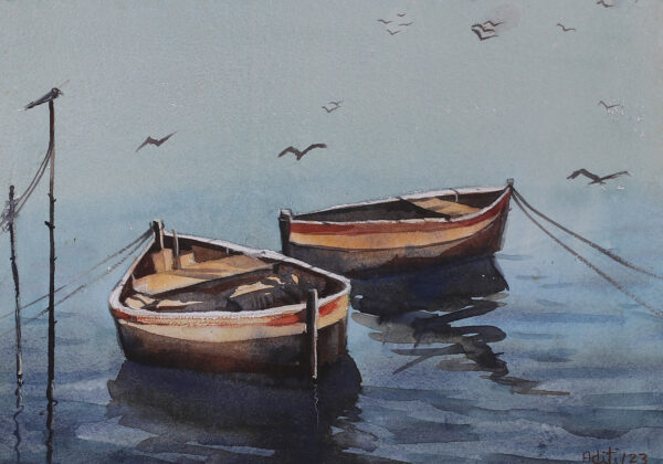 Impressionist Watercolor Seascape Painting from India, 'Tied to Tranquility' Impressionist Watercolor Seascape Painting from India, 'Tied to Tranquility'