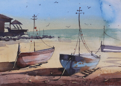 Impressionist Watercolor Seascape Painting on Handmade Paper, 'Anchored Dreams' Impressionist Watercolor Seascape Painting on Handmade Paper, 'Anchored Dreams'