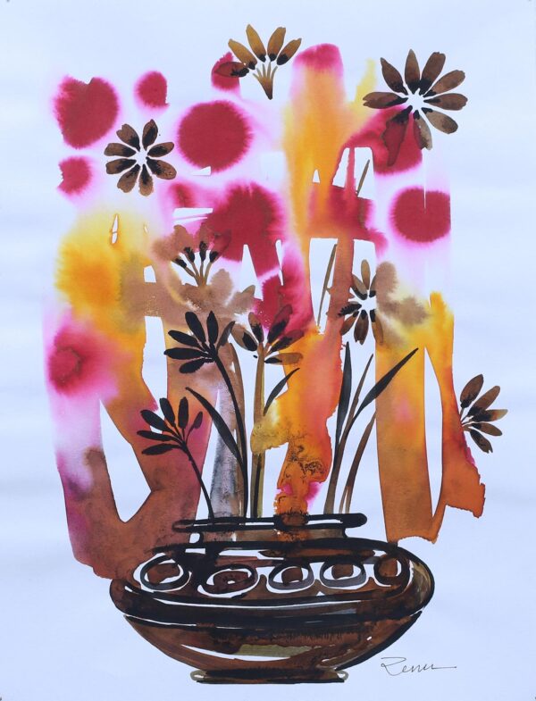 India Colorful Signed Ink Painting of Flowers in a Pot, 'Flower Wonder'