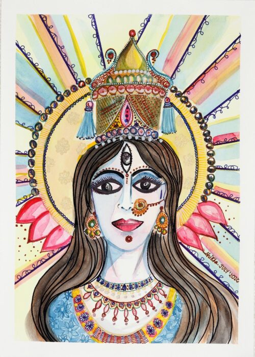 Indian Goddess Painting on Handmade Paper, 'Goddess Ganga'