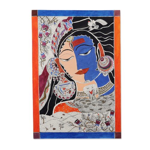 Ink & Watercolor Madhubani Art Indian Gods Shiva and Parvati, 'Ardhanarishvara'