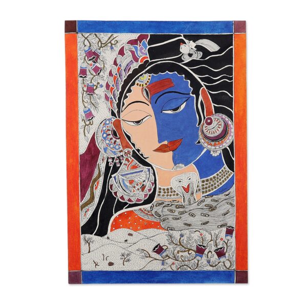 Ink & Watercolor Madhubani Art Indian Gods Shiva and Parvati, 'Ardhanarishvara'