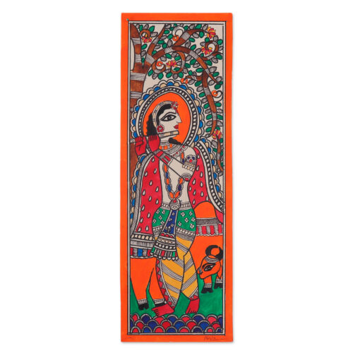 Krishna-Inspired Figure Playing the Flute Madhubani Painting, 'The Divine Melody'