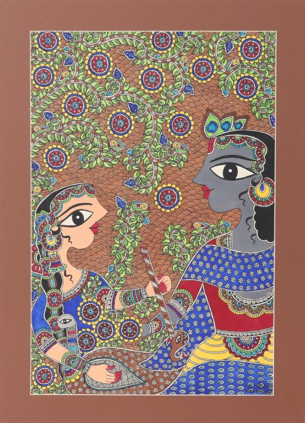 Krishna & Radha Madhubani Painting on Paper from India, 'Eternal Tale of Love'