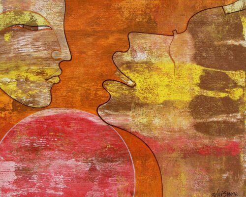 Love Theme Expressionistic India Painting in Hot Colors, 'Affectionate'