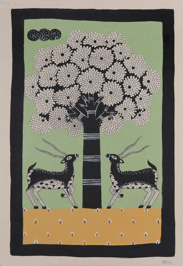 Madhubani Folk Art Painting of Deer by a Flowering Tree, 'Sacred Grove of Life'