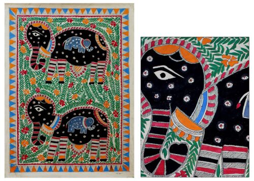 Madhubani Painting, 'Elephant Family'