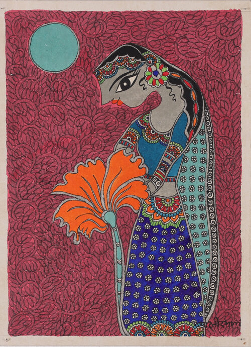 Madhubani Painting of Indian Princess with Exotic Flower, 'Happy Princess'