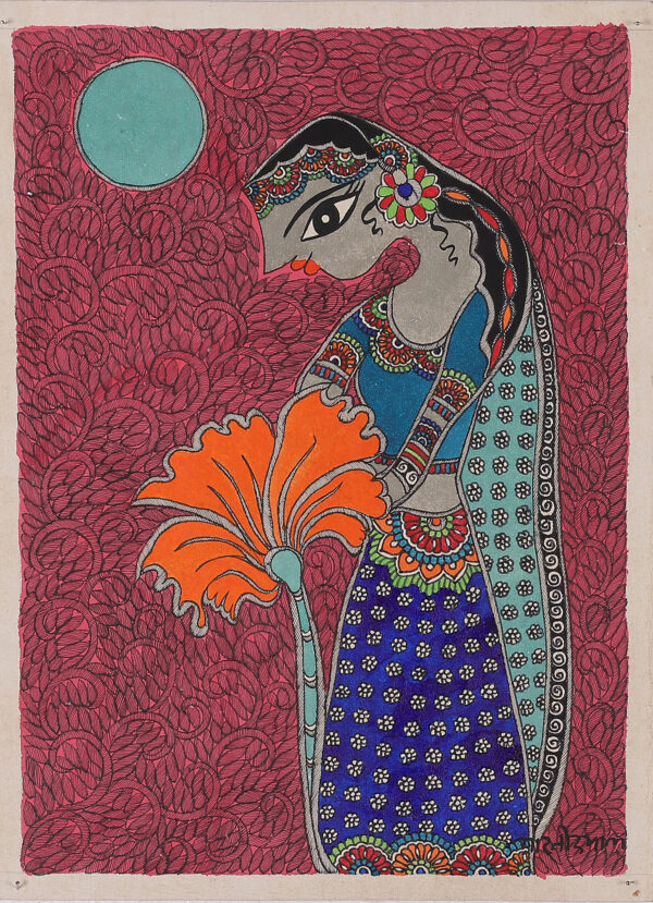 Madhubani Painting of Indian Princess with Exotic Flower, 'Happy Princess'