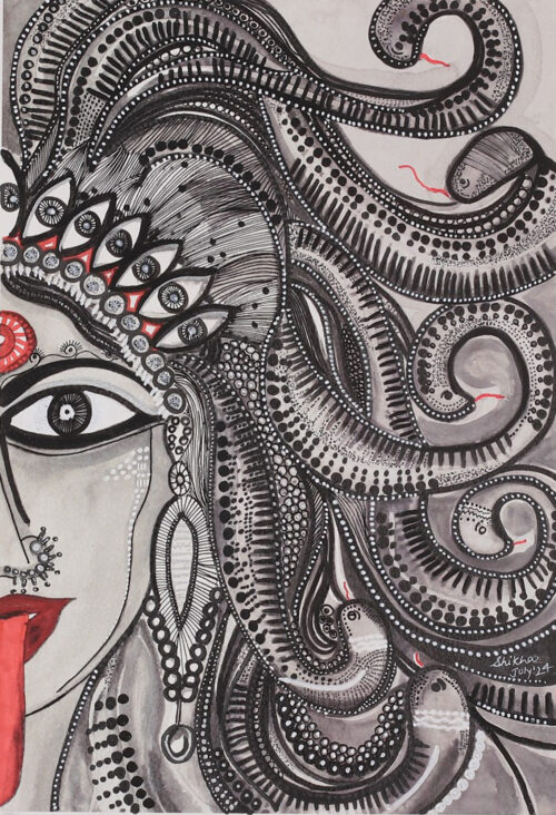 Medusa Watercolor Acrylic Portrait in Indian Folk Art Style, 'Medusa II'