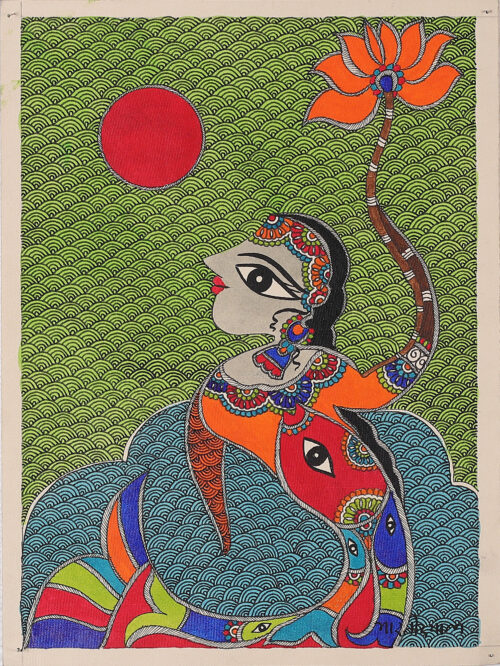 Mermaid Madhubani Painting on Handmade Paper from India, 'Dancing Mermaid'