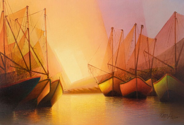 Modern Stretched Seascape Oil Painting of Boats at Sunset, 'Serene Sunset' Modern Stretched Seascape Oil Painting of Boats at Sunset, 'Serene Sunset'