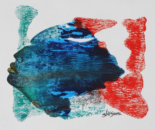 Multicolored Expressionist Painting of a Blue Face India, 'Fantasy'