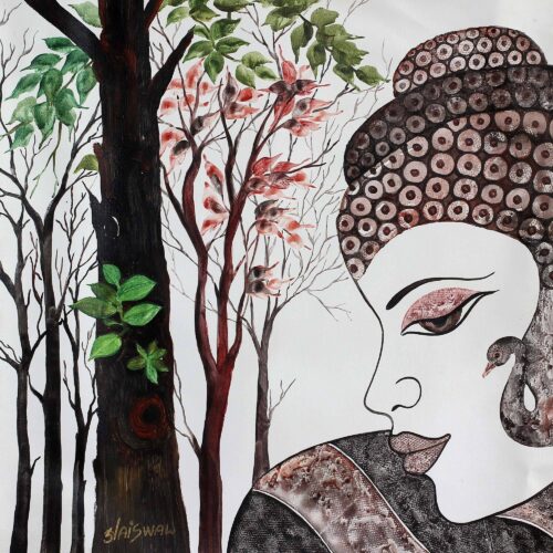 Multicolored Expressionist Painting of Buddha from India, 'Buddha with Nature'